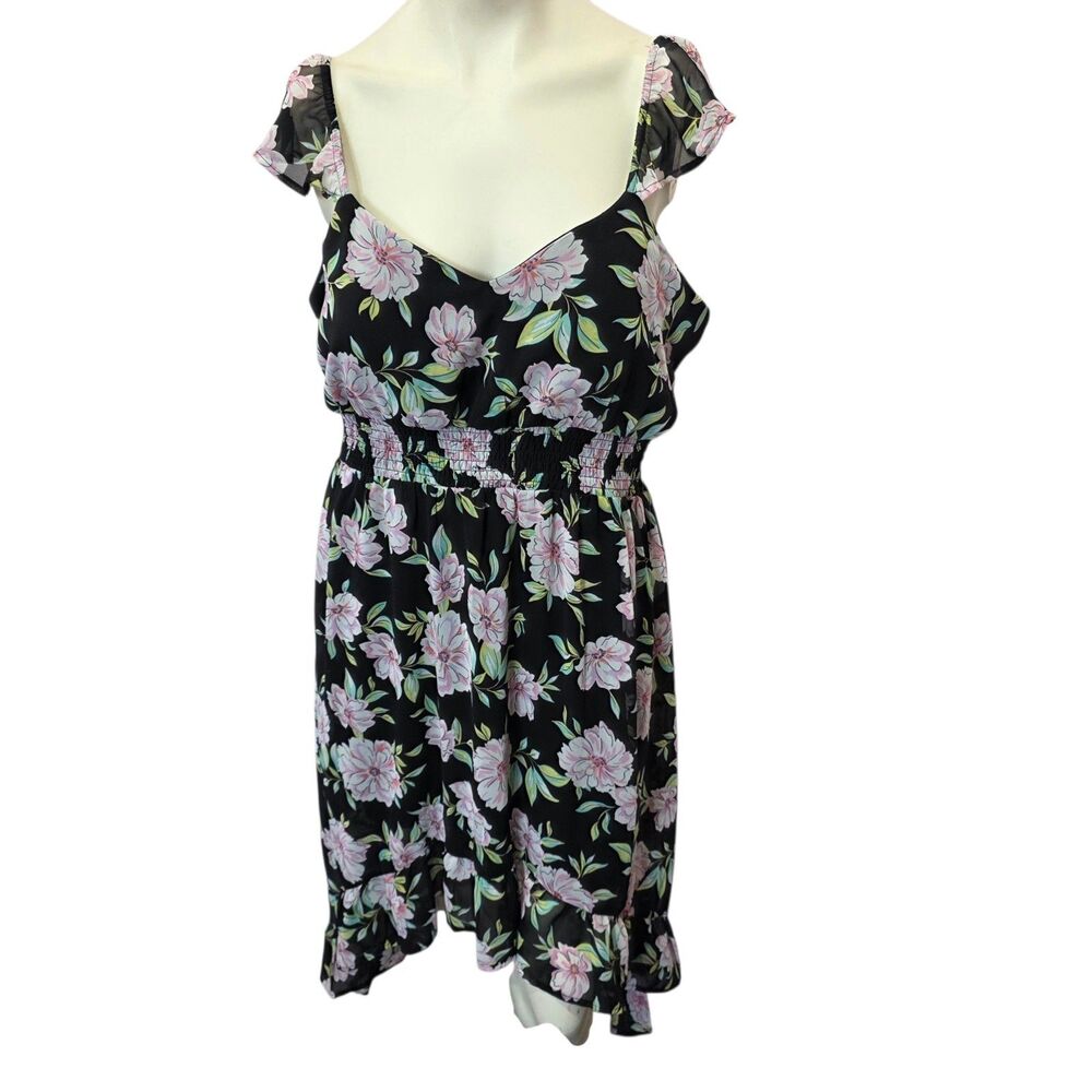 No Boundaries Floral Midi Dress XL Black Pink Cottagecore Flutter Sleeve